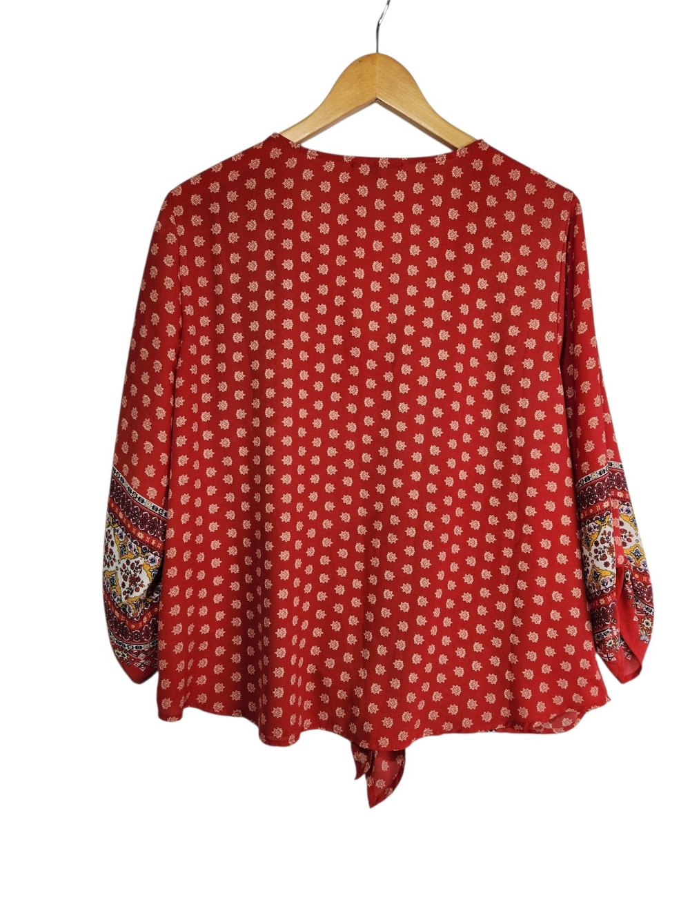 West Kei Women’s L Red Boho Mixed Print Tie Front Blouse 3/4 Sleeve Flowy Fall - Picture 4 of 12